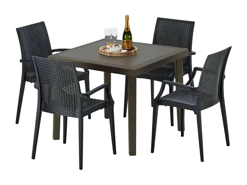 Poly Rattan Tisch Quadratisch mit 4 Bunten Stühlen 90x90 Braun Brown Passion