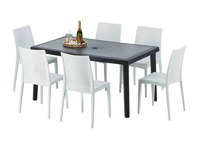 Poly Rattan Tisch Rechteckig mit 6 Bunten Polyrattan Stühlen 150x90 Schwarz