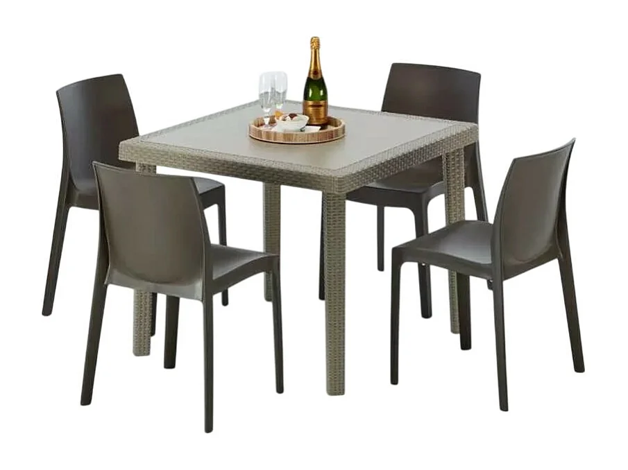 Polyrattan Tisch Quadratisch mit 4 Bunten Stühlen 90x90 Beige Elegance