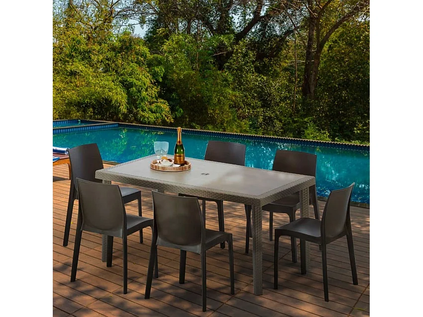 Polyrattan Tisch Rechteckig mit 6 Bunten Stühlen 150x90 Beige Marion