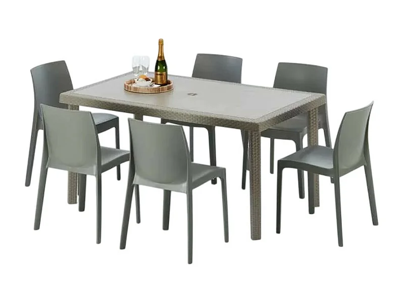 Polyrattan Tisch Rechteckig mit 6 Bunten Stühlen 150x90 Beige Marion