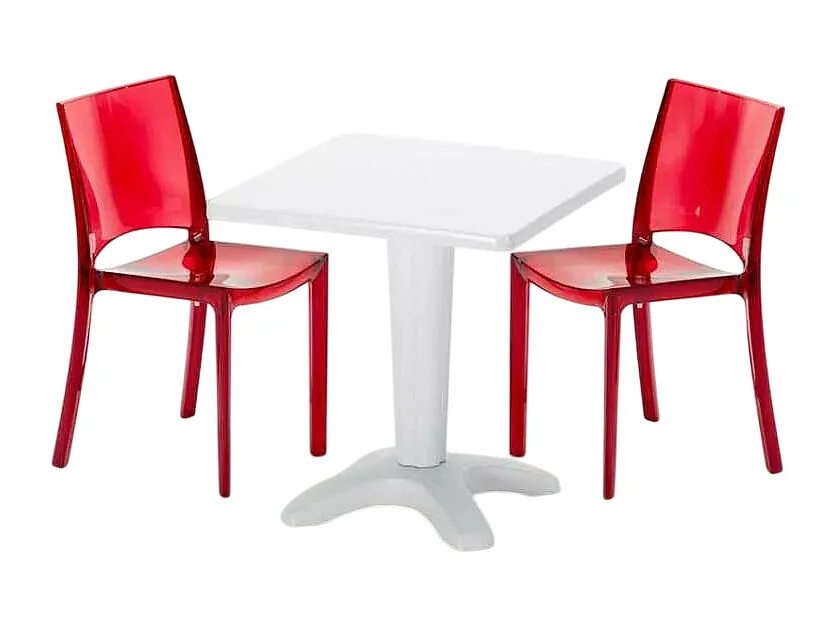 Tisch Quadratisch mit 2 Bunten Polycarbonat Outdoor Stühlen Grand Soleil Cafè