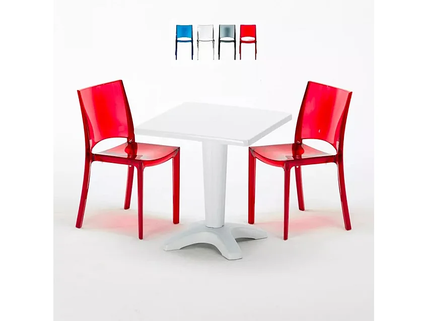 Tisch Quadratisch mit 2 Bunten Polycarbonat Outdoor Stühlen Grand Soleil Cafè