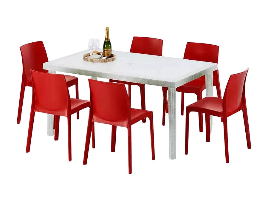 Weiß Rechteckig Tisch und 6 Stühle Farbiges Polypropylen-Außenmastenset Grand Soleil Rome Summerlife - Rot