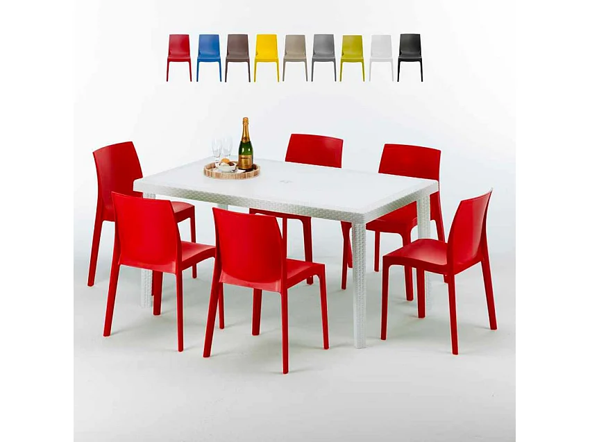 Weiß Rechteckig Tisch und 6 Stühle Farbiges Polypropylen-Außenmastenset Grand Soleil Rome Summerlife - Rot