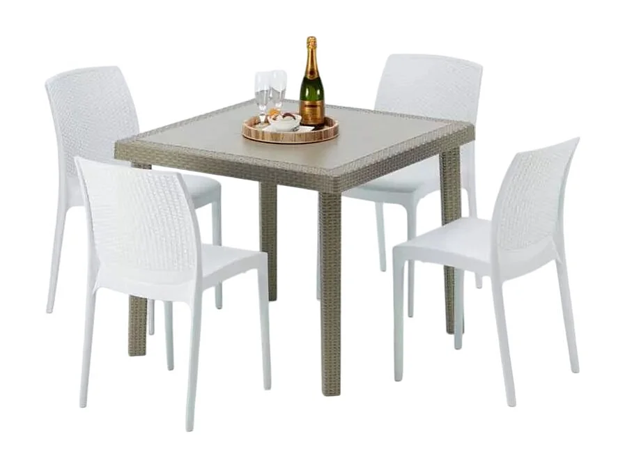Polyrattan Tisch Quadratisch mit 4 Bunten Stühlen 90x90 Beige Elegance