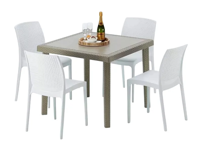 Polyrattan Tisch Quadratisch mit 4 Bunten Stühlen 90x90 Beige Elegance