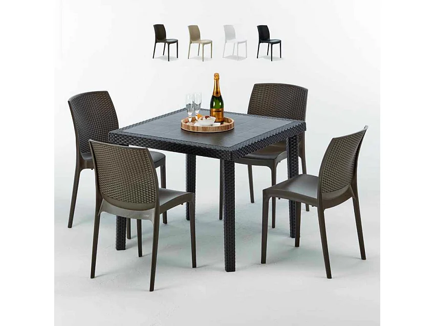 Schwarz Quadratisch Tisch und 4 Stühle Farbiges Polypropylen-Außenmastenset Grand Soleil Boheme Passion - Braun