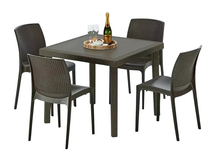 Poly Rattan Tisch Quadratisch mit 4 Bunten Stühlen 90x90 Braun Brown Passion