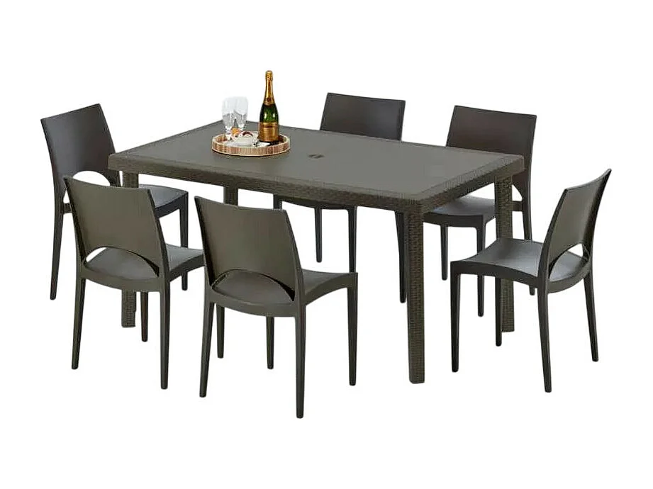 Polyrattan Tisch Rechteckig mit 6 Bunten Stühlen 150x90 Braun Focus