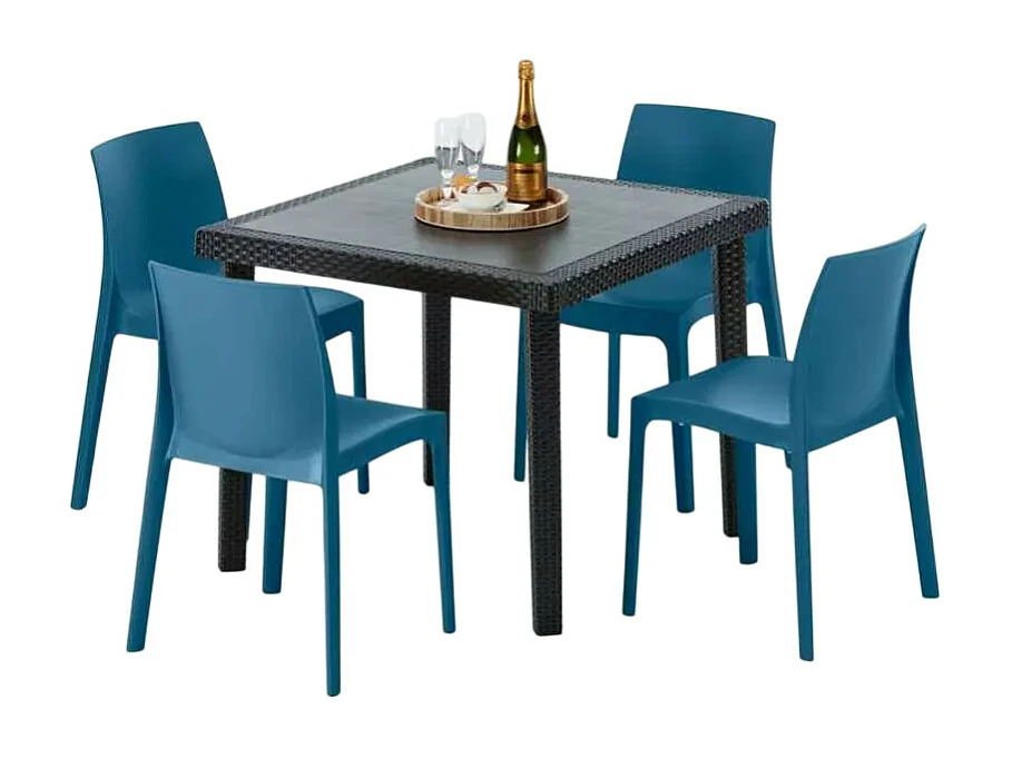 Schwarz Quadratisch Tisch und 4 Stühle Farbiges Polypropylen-Außenmastenset Grand Soleil Rome Passion - Blau