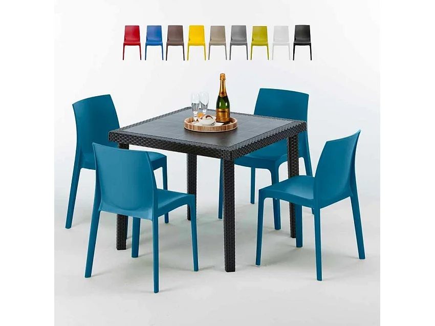 Schwarz Quadratisch Tisch und 4 Stühle Farbiges Polypropylen-Außenmastenset Grand Soleil Rome Passion - Blau