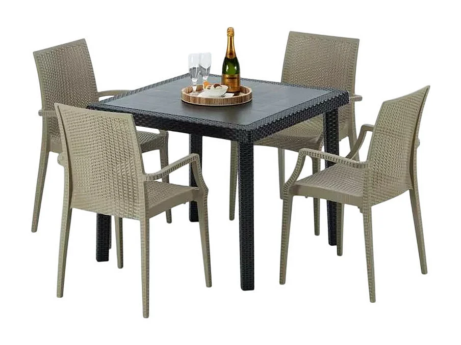Schwarz Quadratisch Tisch und 4 Stühle Farbiges Polypropylen-Außenmastenset Grand Soleil Arm Bistrot Passion - Beige