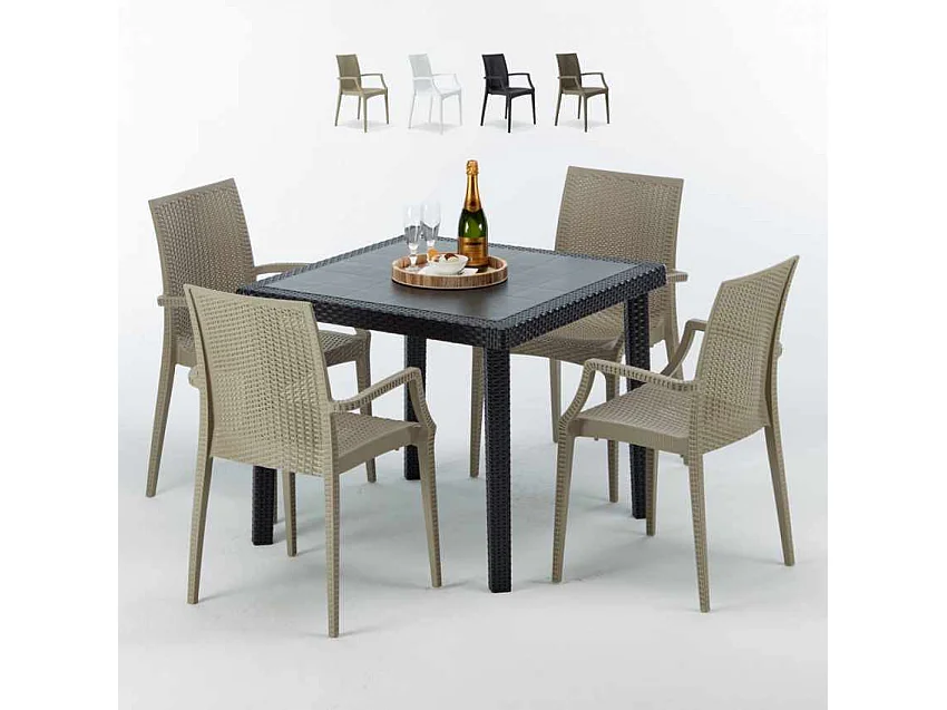 Schwarz Quadratisch Tisch und 4 Stühle Farbiges Polypropylen-Außenmastenset Grand Soleil Arm Bistrot Passion - Beige