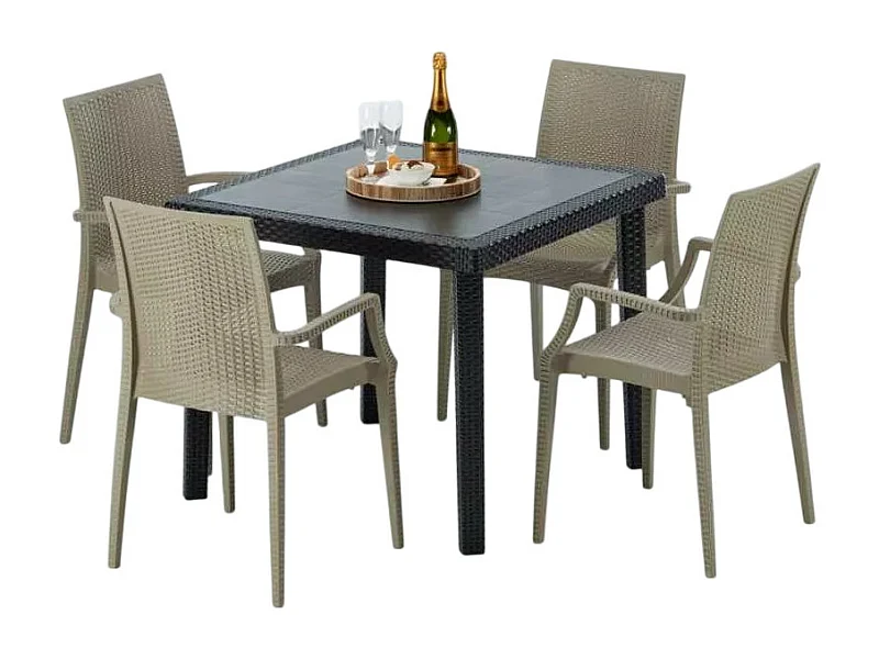 Schwarz Quadratisch Tisch und 4 Stühle Farbiges Polypropylen-Außenmastenset Grand Soleil Arm Bistrot Passion - Beige