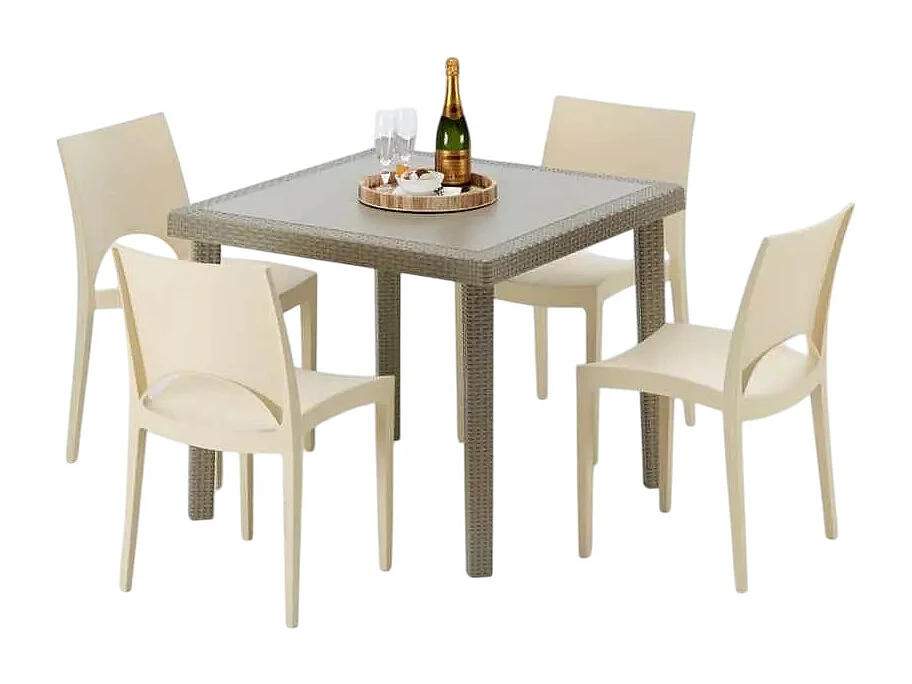 Set Tavolo quadrato beige + 4 sedie colorate polirattan Margarita