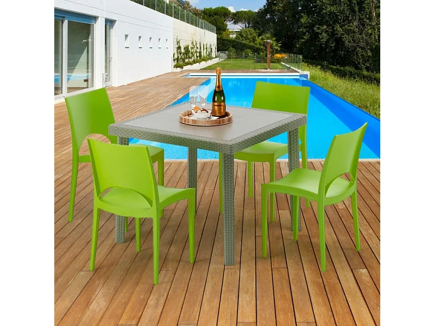 Set Tavolo quadrato beige + 4 sedie colorate polirattan Margarita