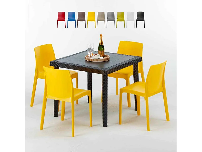 Schwarz Quadratisch Tisch und 4 Stühle Farbiges Polypropylen-Außenmastenset Grand Soleil Rome Passion - Gelb