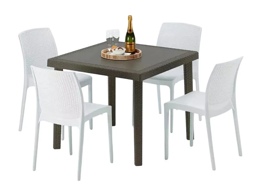 Poly Rattan Tisch Quadratisch mit 4 Bunten Stühlen 90x90 Braun Brown Passion