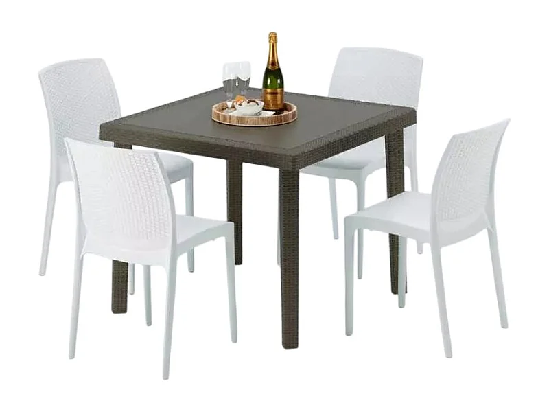 Poly Rattan Tisch Quadratisch mit 4 Bunten Stühlen 90x90 Braun Brown Passion