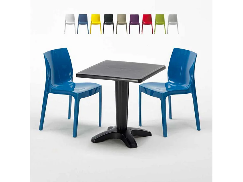 Schwarz Quadratisch Tisch und 2 Stühle Farbiges Polypropylen-Innenmastenset Grand Soleil Ice Aia - Blau