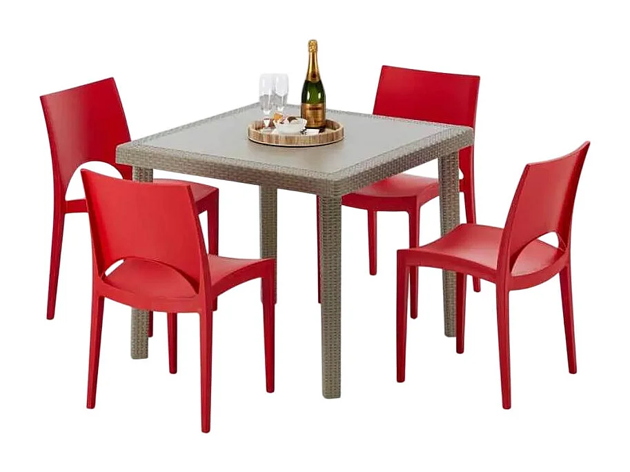 Polyrattan Tisch Quadratisch mit 4 Bunten Stühlen 90x90 Beige Elegance