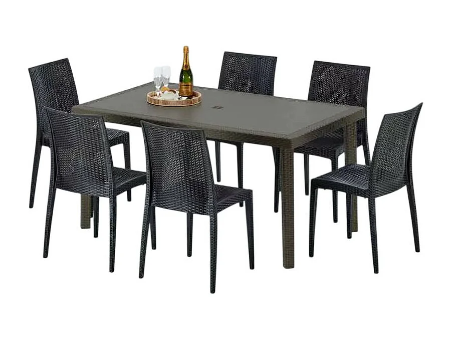 Polyrattan Tisch Rechteckig mit 6 Bunten Stühlen 150x90 Braun Focus