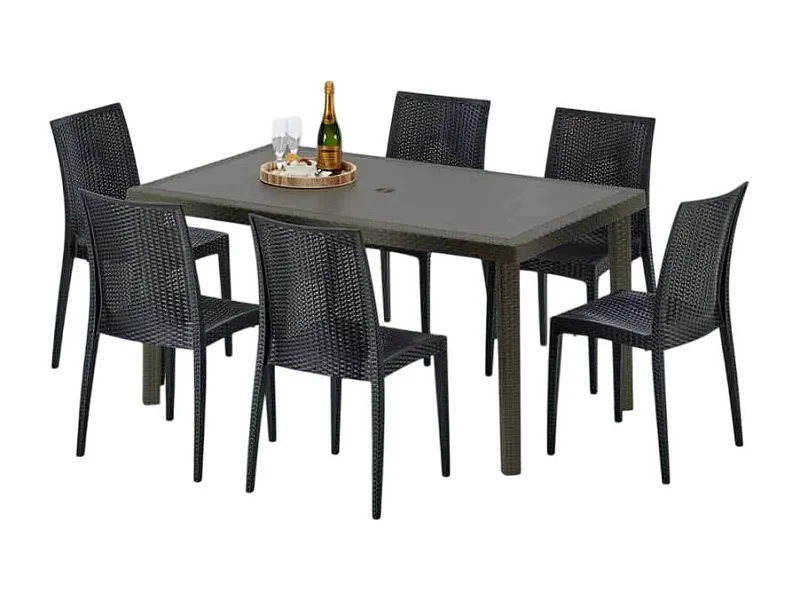 Polyrattan Tisch Rechteckig mit 6 Bunten Stühlen 150x90 Braun Focus