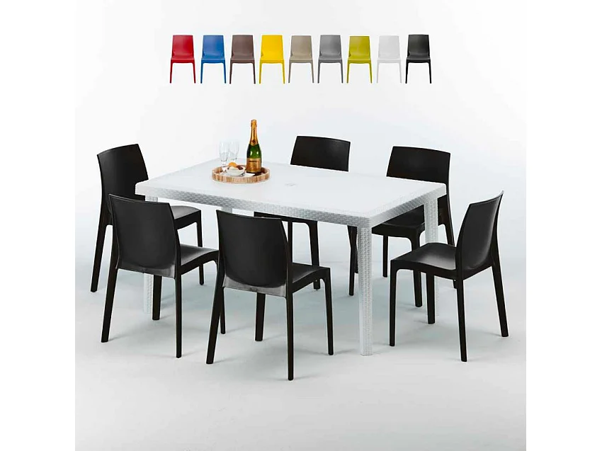 Weiß Rechteckig Tisch und 6 Stühle Farbiges Polypropylen-Außenmastenset Grand Soleil Rome Summerlife - Schwarz