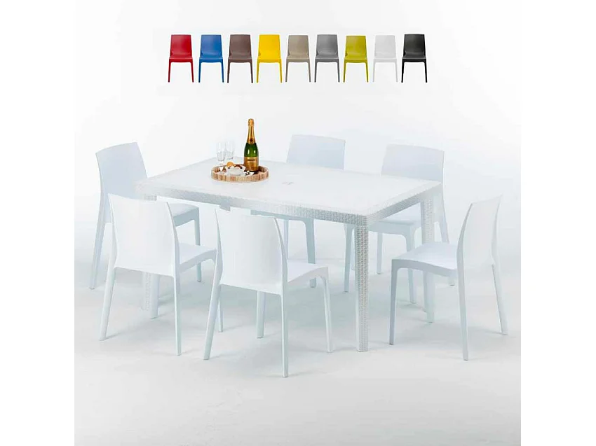 Weiß Rechteckig Tisch und 6 Stühle Farbiges Polypropylen-Außenmastenset Grand Soleil Rome Summerlife - Weiß