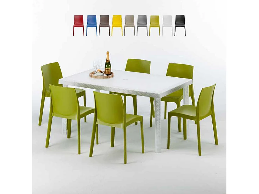 Weiß Rechteckig Tisch und 6 Stühle Farbiges Polypropylen-Außenmastenset Grand Soleil Rome Summerlife - Grün Anis