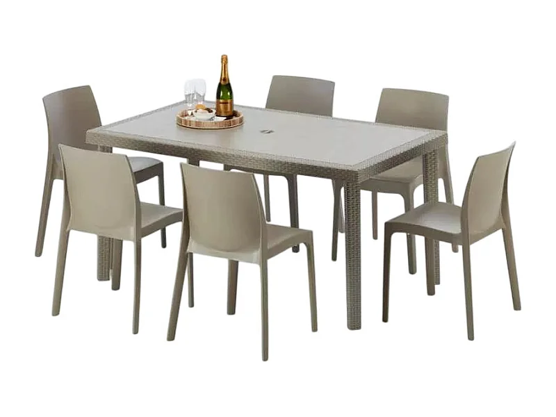 Polyrattan Tisch Rechteckig mit 6 Bunten Stühlen 150x90 Beige Marion