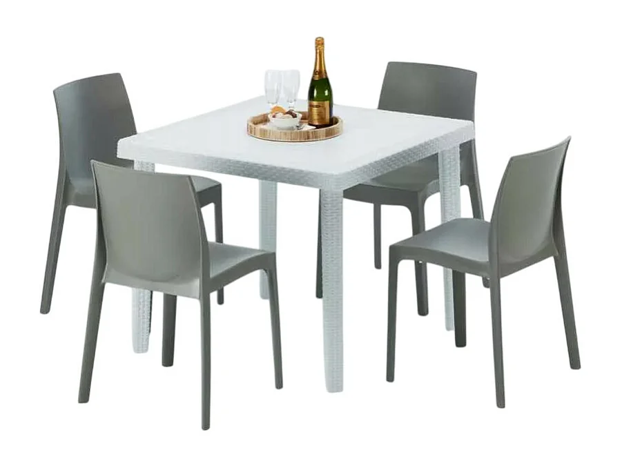 Weiß Quadratisch Tisch und 4 Stühle Farbiges Polypropylen-Außenmastenset Grand Soleil Rome Love - Grau