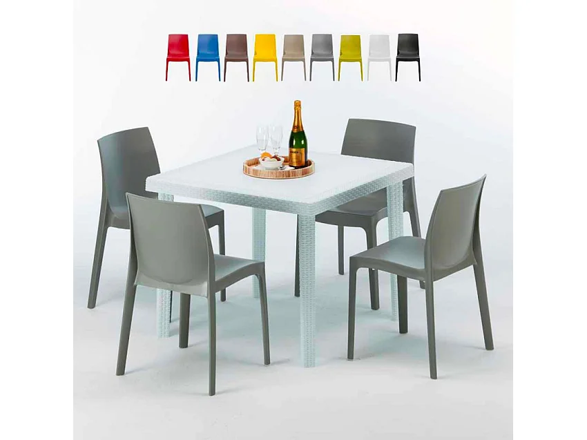 Weiß Quadratisch Tisch und 4 Stühle Farbiges Polypropylen-Außenmastenset Grand Soleil Rome Love - Grau