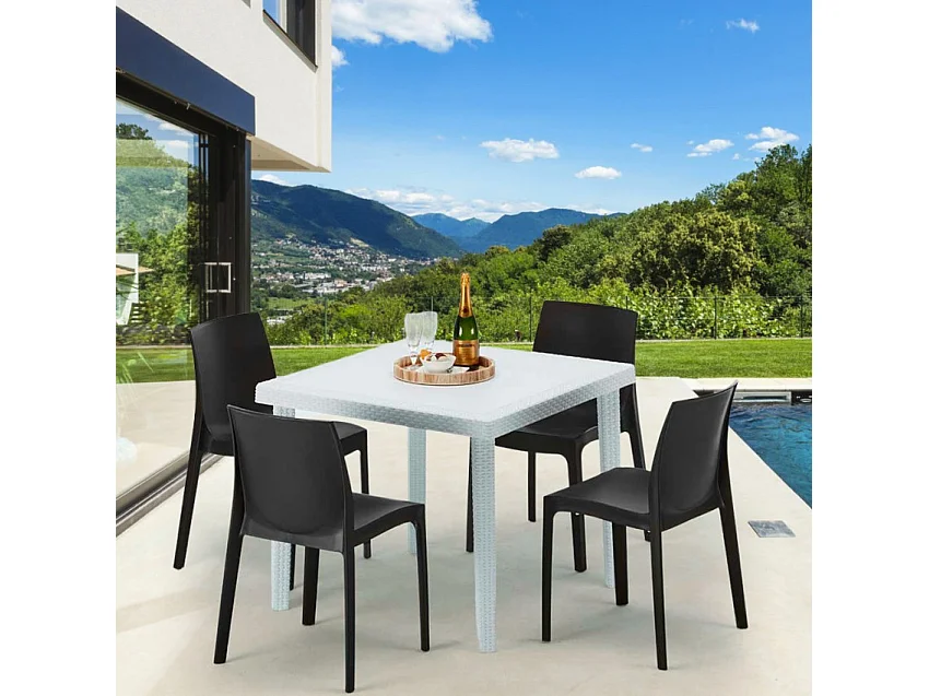 Weiß Quadratisch Tisch und 4 Stühle Farbiges Polypropylen-Außenmastenset Grand Soleil Rome Love - Grau