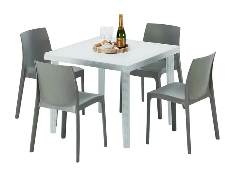 Weiß Quadratisch Tisch und 4 Stühle Farbiges Polypropylen-Außenmastenset Grand Soleil Rome Love - Grau