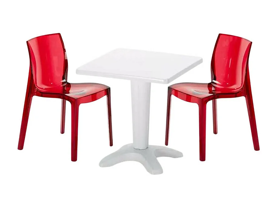 Tisch Quadratisch mit 2 Bunten Polycarbonat Outdoor Stühlen Grand Soleil Cafè