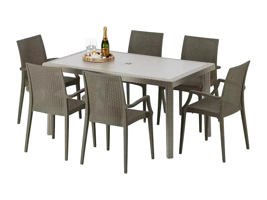 Polyrattan Tisch Rechteckig mit 6 Bunten Stühlen 150x90 Beige Marion