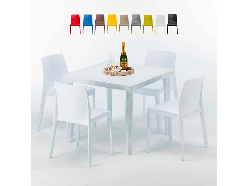 Weiß Quadratisch Tisch und 4 Stühle Farbiges Polypropylen-Außenmastenset Grand Soleil Rome Love - Weiß