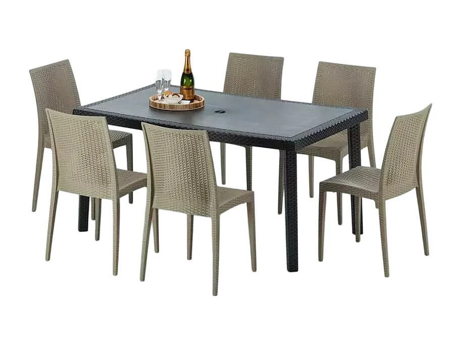 Poly Rattan Tisch Rechteckig mit 6 Bunten Polyrattan Stühlen 150x90 Schwarz