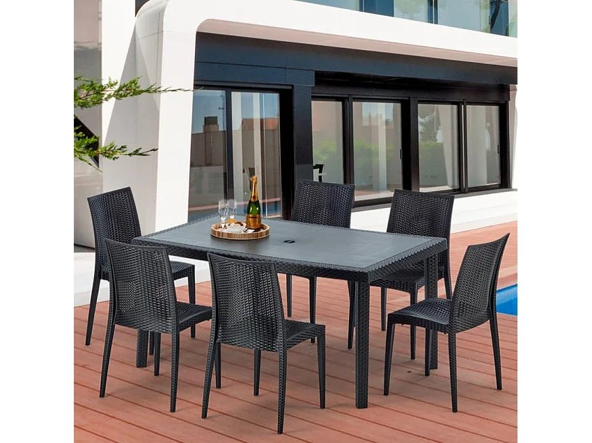 Poly Rattan Tisch Rechteckig mit 6 Bunten Polyrattan Stühlen 150x90 Schwarz