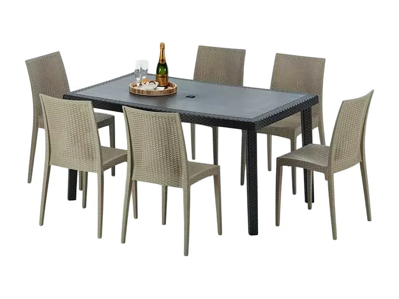Poly Rattan Tisch Rechteckig mit 6 Bunten Polyrattan Stühlen 150x90 Schwarz