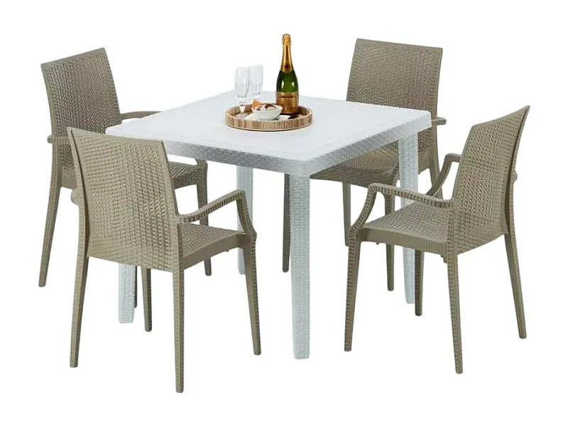 Weiß Quadratisch Tisch und 4 Stühle Farbiges Polypropylen-Außenmastenset Grand Soleil Arm Bistrot Love - Beige
