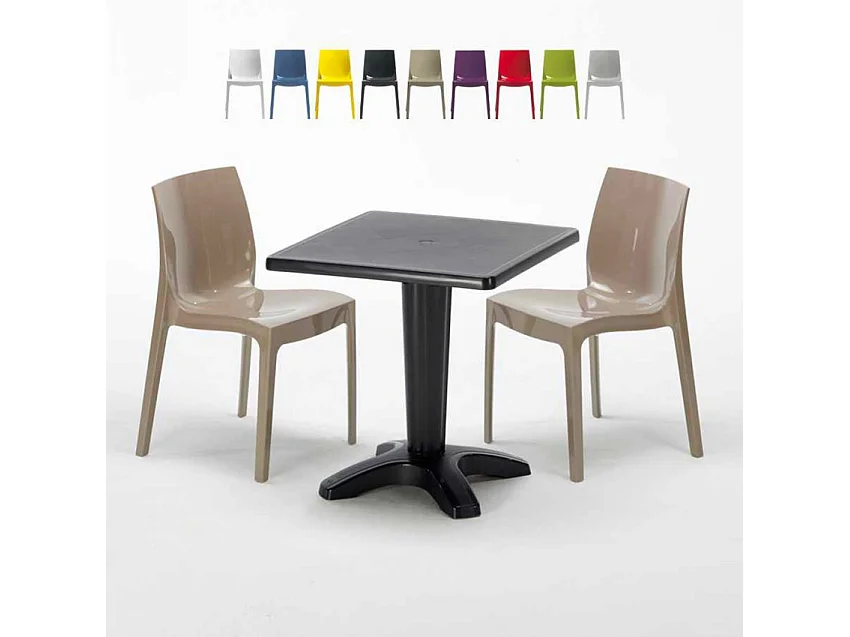 Schwarz Quadratisch Tisch und 2 Stühle Farbiges Polypropylen-Innenmastenset Grand Soleil Ice Aia - Beige