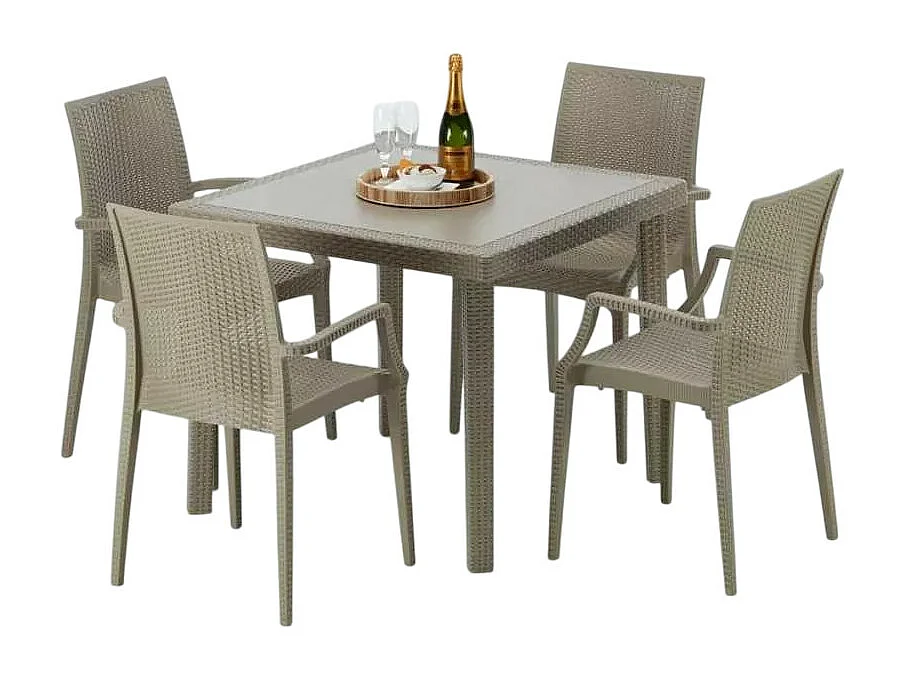 Ensemble table carrée beige + 4 chaises colorées polirattan Margarita