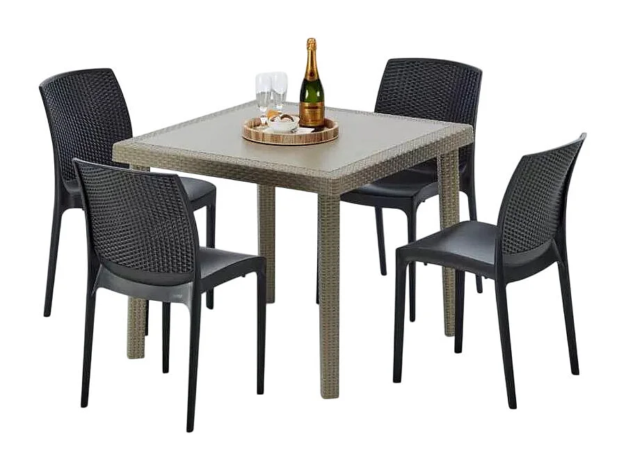 Polyrattan Tisch Quadratisch mit 4 Bunten Stühlen 90x90 Beige Elegance