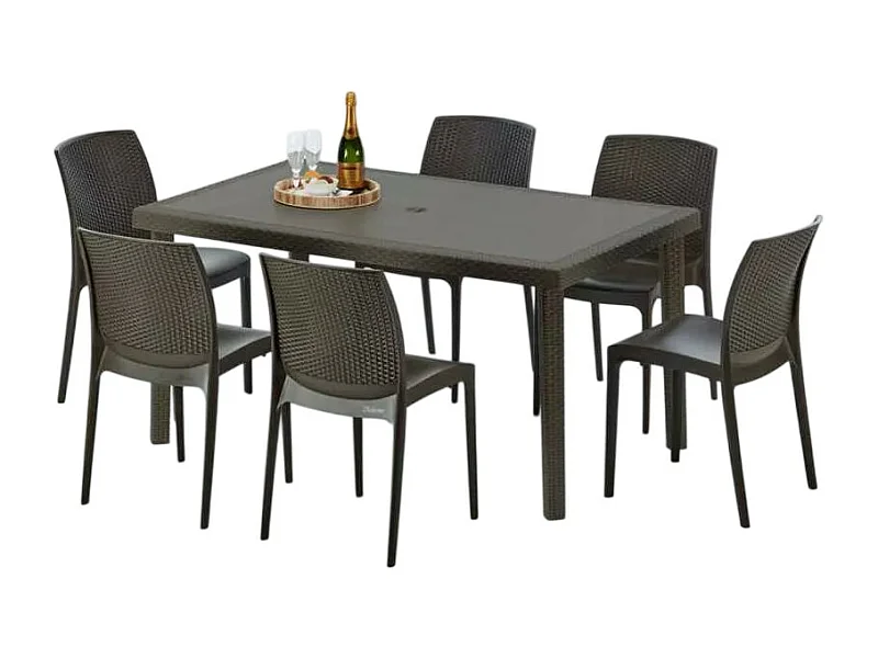 Polyrattan Tisch Rechteckig mit 6 Bunten Stühlen 150x90 Braun Focus