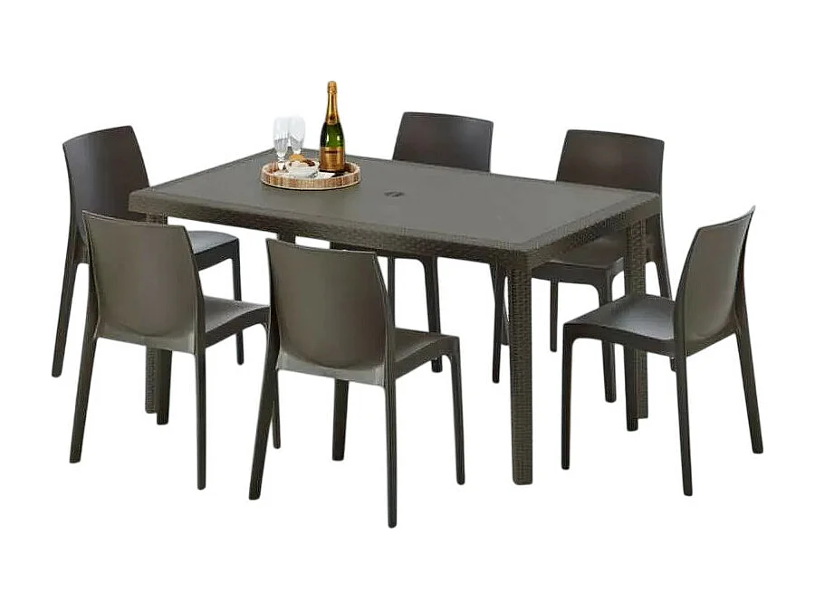 Polyrattan Tisch Rechteckig mit 6 Bunten Stühlen 150x90 Braun Focus