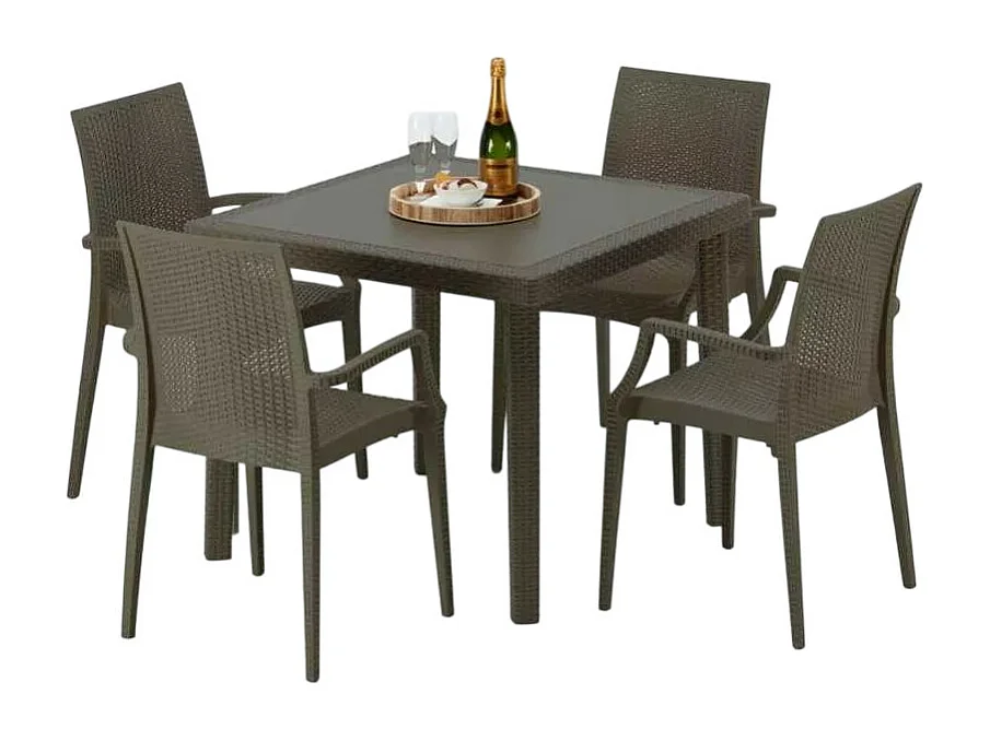 Poly Rattan Tisch Quadratisch mit 4 Bunten Stühlen 90x90 Braun Brown Passion