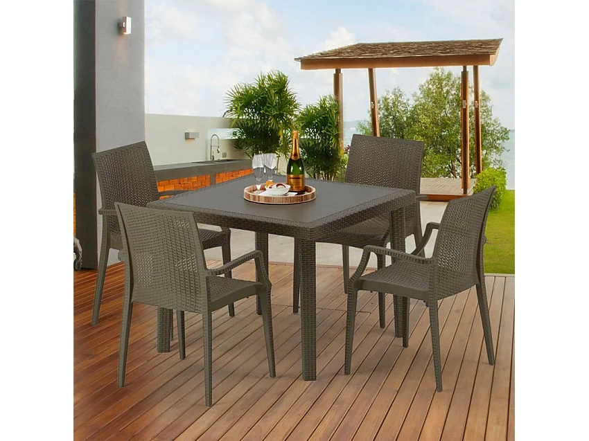 Poly Rattan Tisch Quadratisch mit 4 Bunten Stühlen 90x90 Braun Brown Passion